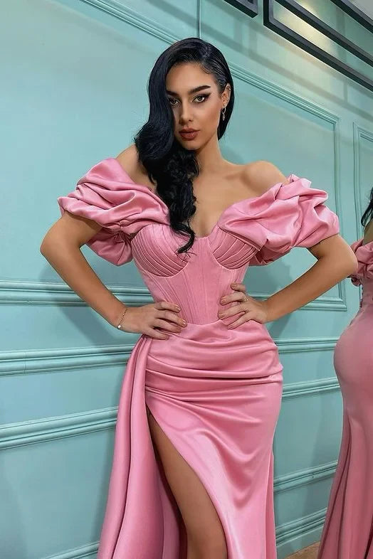Vestidos formales para mujer, vestido de fiesta rosa con abertura, vestido largo de sirena con hombros descubiertos / Tienda de vestidos de fiesta